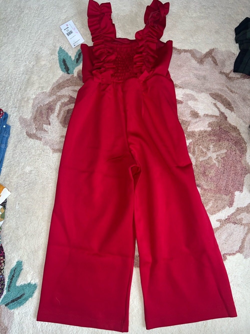 NEW Bonnie Jean Girls Red Ruffled-Strap Wide-Leg Scuba Jumpsuit with Bow - Picture 5 of 7